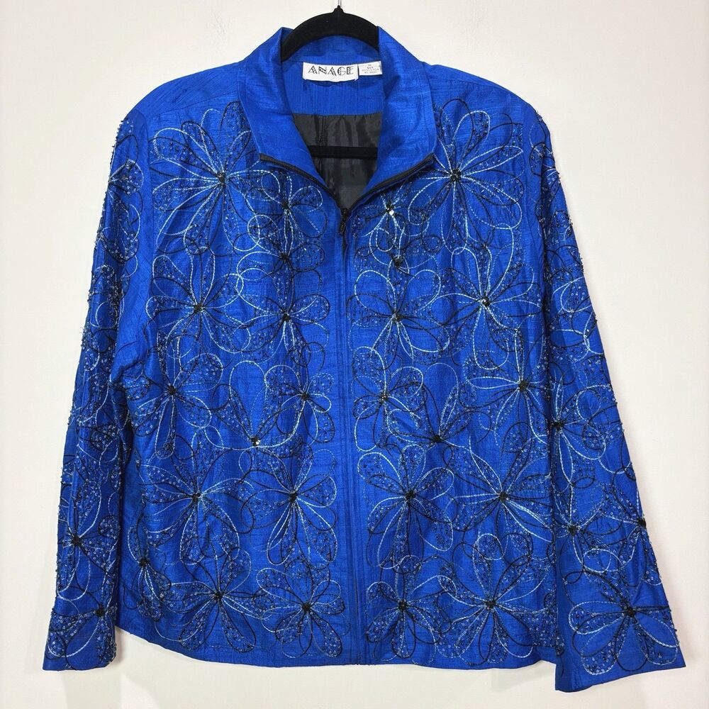 Vintage Anage Jacket Womens 1X Blue 100% Silk Floral Embroidered Beaded Artsy